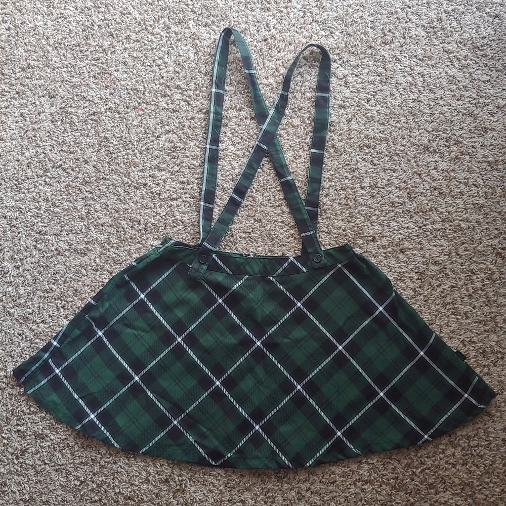 2 for $30 Tripp Green Plaid Midi Suspender Skirt